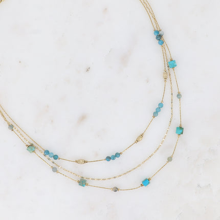 Collier Jamila - 3 rangs, mailles café et serpent avec pierres naturelles cylindriques