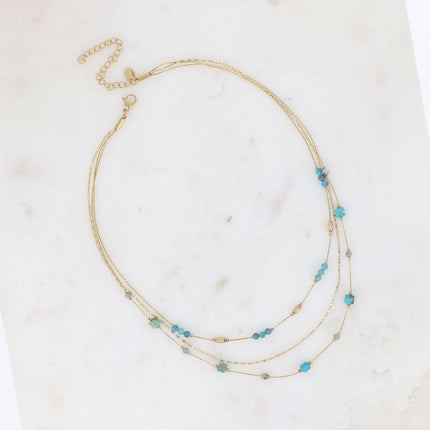 Collier Jamila - 3 rangs, mailles café et serpent avec pierres naturelles cylindriques