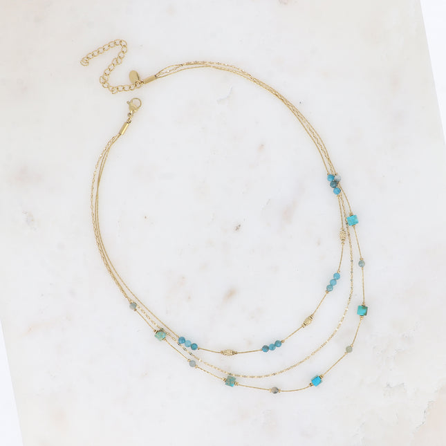 Jamila Necklace - 3 strands, coffee and snake chain with cylindrical natural stones