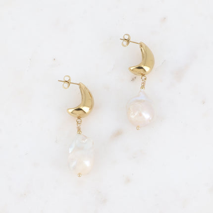 Boucles pendantes - demi anneau goutte et grande perle d'eau douce
