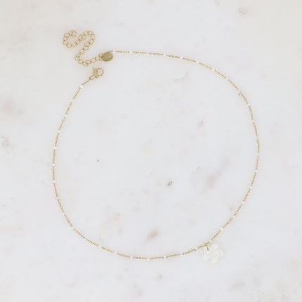 Collier - chaîne avec émail, pendentif fleur nacrée 12mm