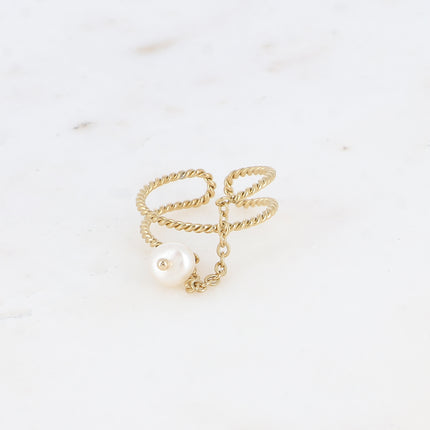 Bague - anneau torsadé effet 3 rangs avec chaîne pendante et perle d'eau douce