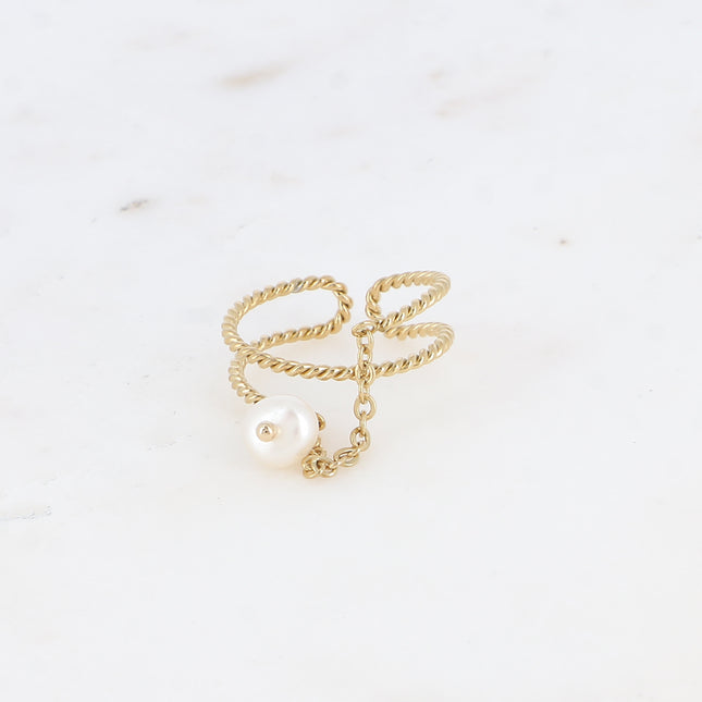 Bague - anneau torsadé effet 3 rangs avec chaîne pendante et perle d'eau douce