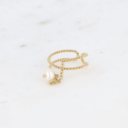 Bague - anneau torsadé effet 3 rangs avec chaîne pendante et perle d'eau douce