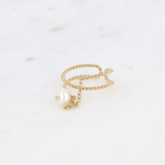 Bague - anneau torsadé effet 3 rangs avec chaîne pendante et perle d'eau douce