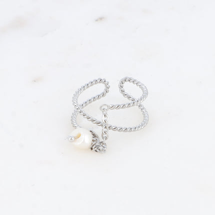 Bague - anneau torsadé effet 3 rangs avec chaîne pendante et perle d'eau douce