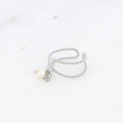 Bague - anneau torsadé effet 3 rangs avec chaîne pendante et perle d'eau douce