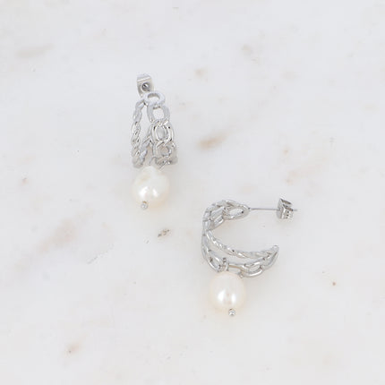 Hoop earrings - double ring with openwork and twisted mesh and freshwater pearl
