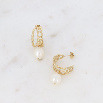 Hoop earrings - double ring with openwork and twisted mesh and freshwater pearl