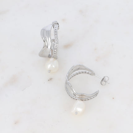 Créoles - double anneau tressé et ondulé, avec perle d'eau douce