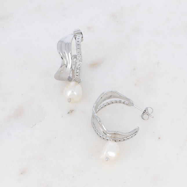 Créoles - double anneau tressé et ondulé, avec perle d'eau douce