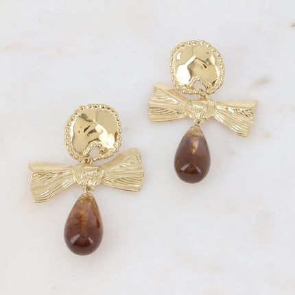 Boucles pendantes Aliénor - pièce ronde, noeud papillon texturée et goutte en acétate coloré