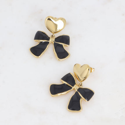 Thalia drop earrings - heart and bow tie in enamel