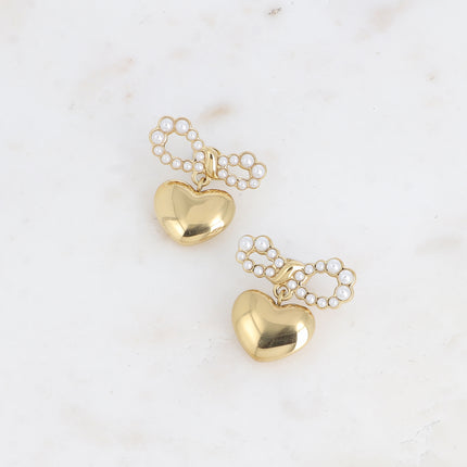 Melissa drop earrings - bow tie with white resin balls and heart