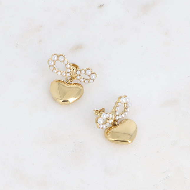 Boucles pendantes Melissa - noeud papillon avec boules en résine blanche et coeur