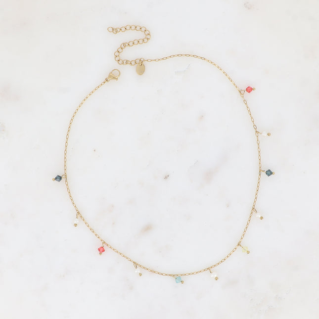 Collier - ras de cou, perles d'eau douce et cristaux toupies