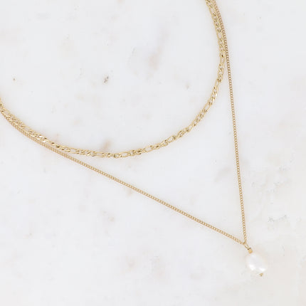 Collier multirangs - 2 mailles figaro et gourmette avec perle d'eau douce