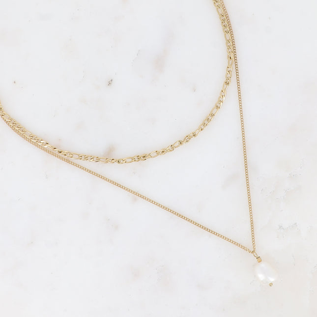 Collier multirangs - 2 mailles figaro et gourmette avec perle d'eau douce