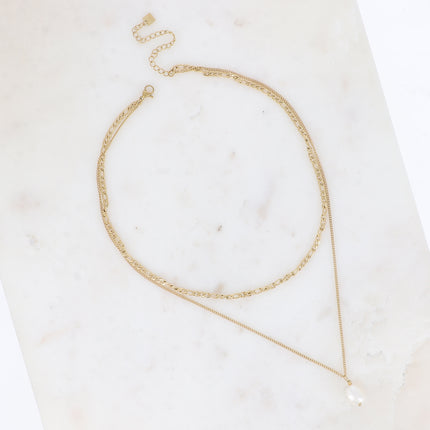 Collier multirangs - 2 mailles figaro et gourmette avec perle d'eau douce