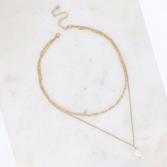Collier multirangs - 2 mailles figaro et gourmette avec perle d'eau douce