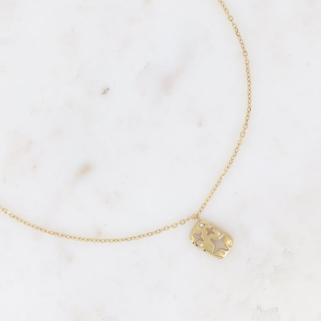 Collier - pendentif rectangulaire avec étoiles ajourées et oxydes de zirconium