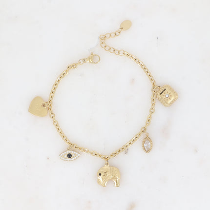 Bracelet - multi-charm (heart, eye, elephant, crystal and flower)