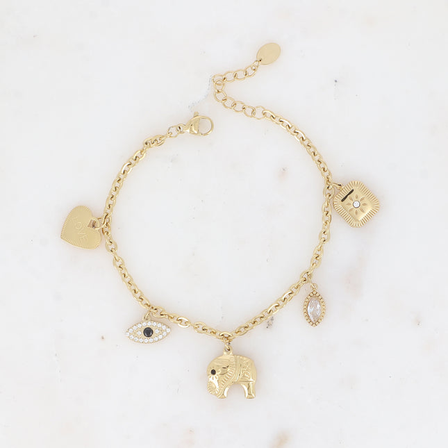 Bracelet - multi-charm (heart, eye, elephant, crystal and flower)