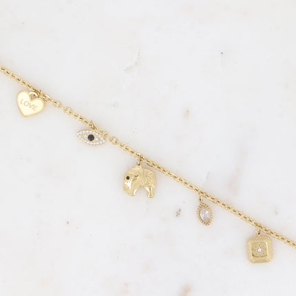 Bracelet - multi-charm (heart, eye, elephant, crystal and flower)