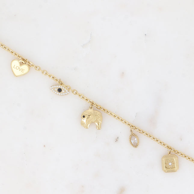 Bracelet - multi-charm (heart, eye, elephant, crystal and flower)
