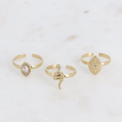 Set de 3 bagues - cristal, serpent, oeil
