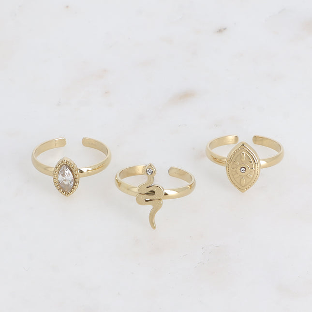 Set de 3 bagues - cristal, serpent, oeil