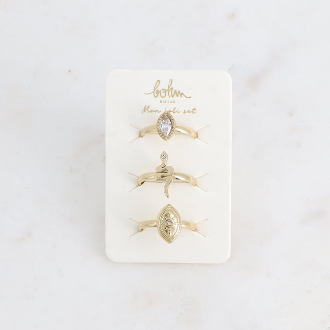 Set de 3 bagues - cristal, serpent, oeil