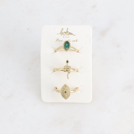 Set de 3 bagues - cristal, serpent, oeil