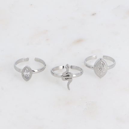 Set de 3 bagues - cristal, serpent, oeil