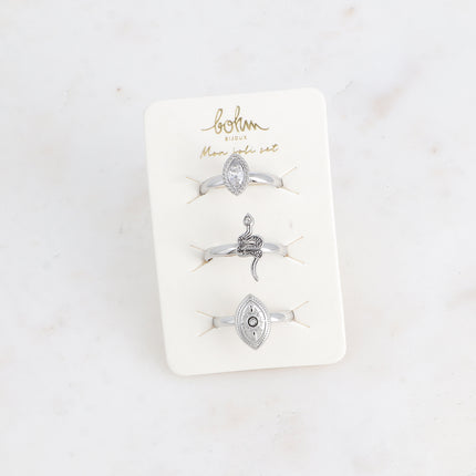 Set de 3 bagues - cristal, serpent, oeil