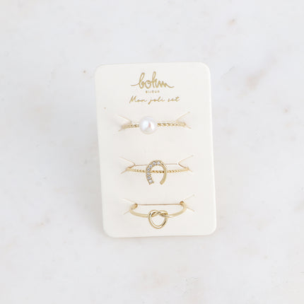 Set de 3 bagues - perle d'eau douce, fer à cheval, noeud