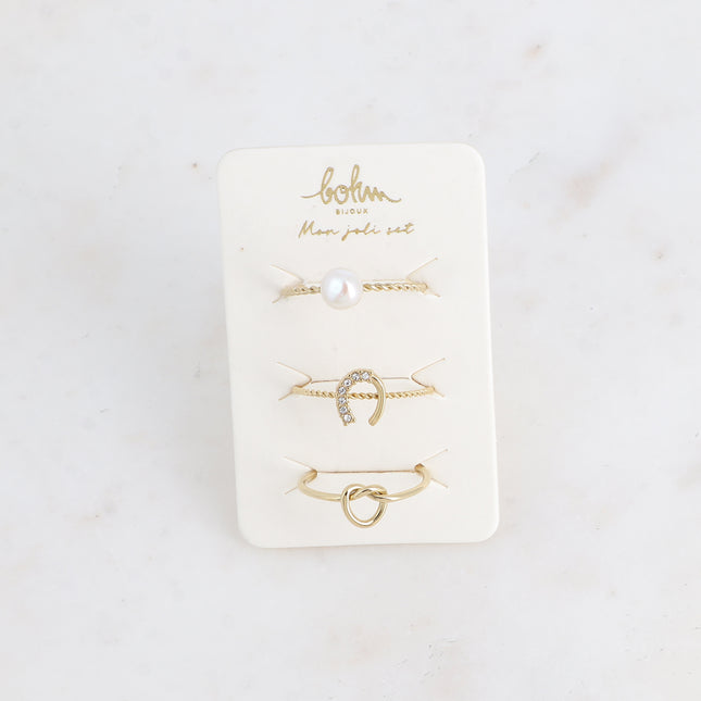 Set de 3 bagues - perle d'eau douce, fer à cheval, noeud