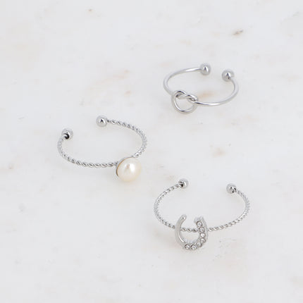 Set de 3 bagues - perle d'eau douce, fer à cheval, noeud