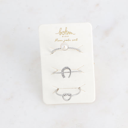 Set de 3 bagues - perle d'eau douce, fer à cheval, noeud
