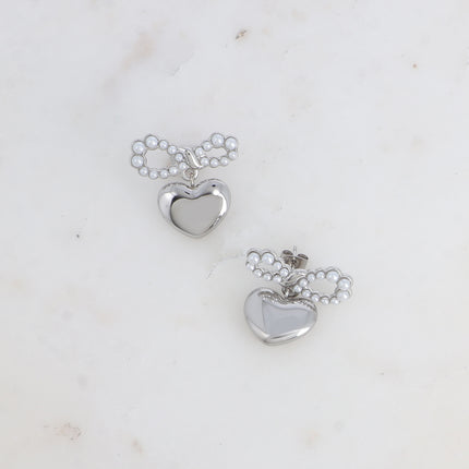 Melissa drop earrings - bow tie with white resin balls and heart