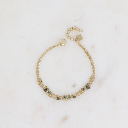 Bracelet Donna - 3 rangs, maille grain de café plat, perles rocailles et pierres naturelles