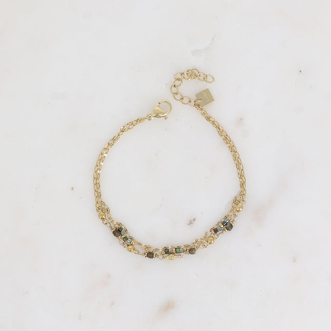 Donna Bracelet - 3 rows, flat coffee bean link, seed beads and natural stones