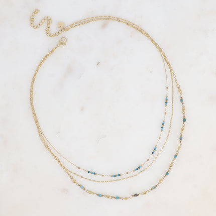 Collier Donna - 3 rangs, maille grain de café plat, perles rocailles et pierres naturelles