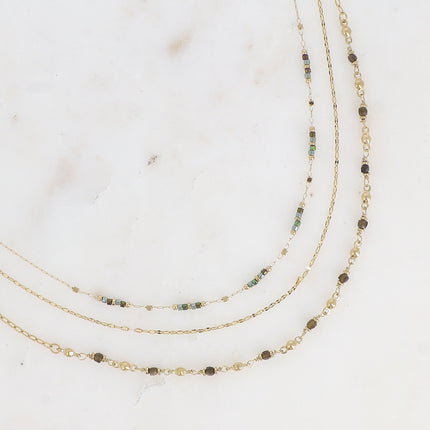 Collier Donna - 3 rangs, maille grain de café plat, perles rocailles et pierres naturelles