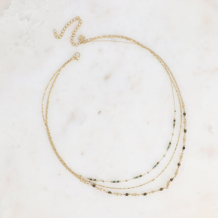 Collier Donna - 3 rangs, maille grain de café plat, perles rocailles et pierres naturelles