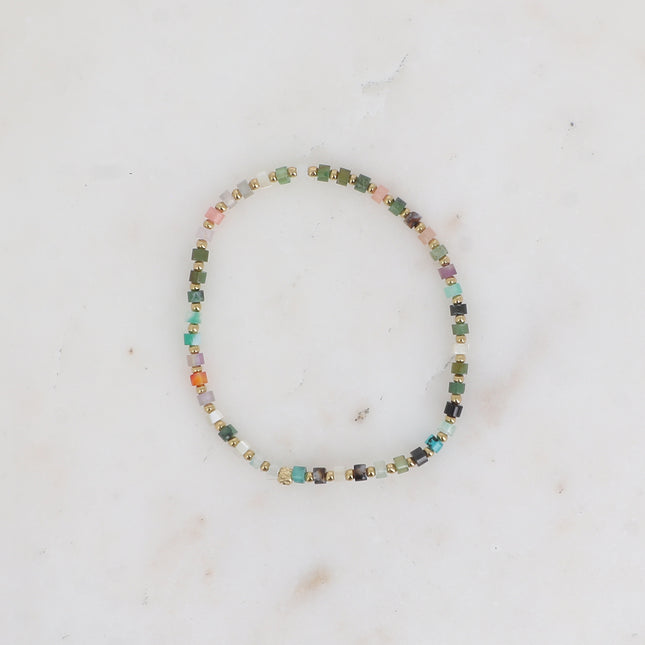 Bracelet élastique - rondelles pierres naturelles et perles rondes en acier