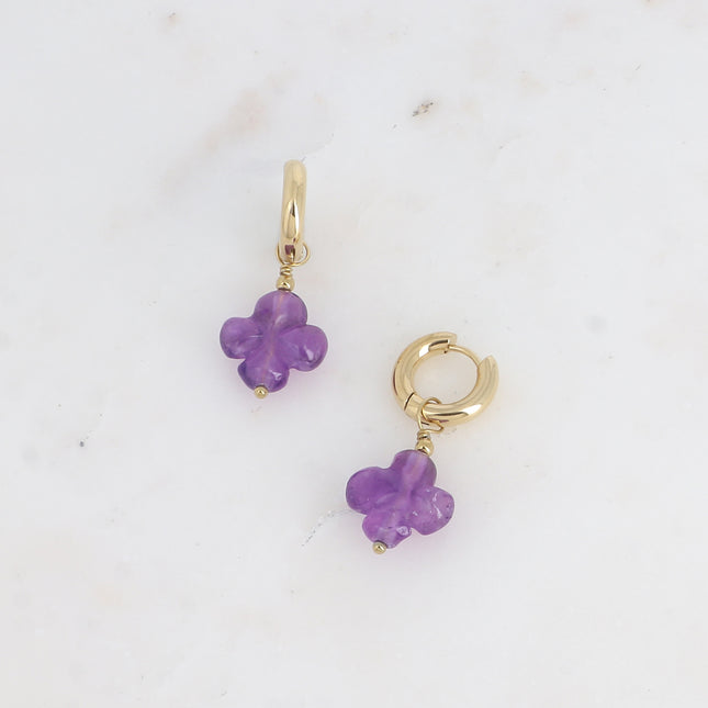 Creole earrings - four-leaf clover in natural stone
