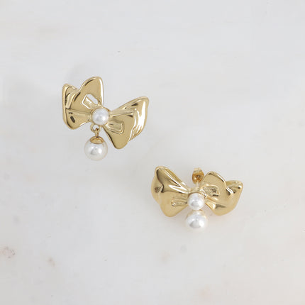 Boucles pendantes Gorgia - noeud papillon et 2 perles de résine blanche