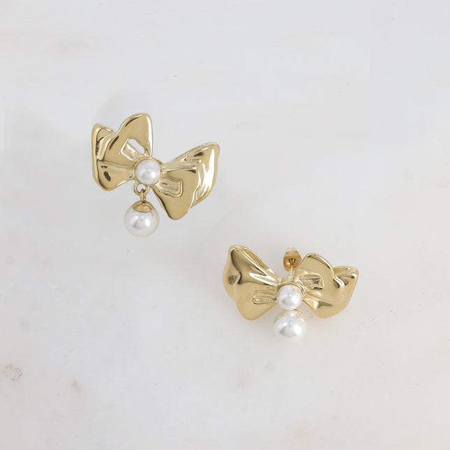 Boucles pendantes Gorgia - noeud papillon et 2 perles de résine blanche