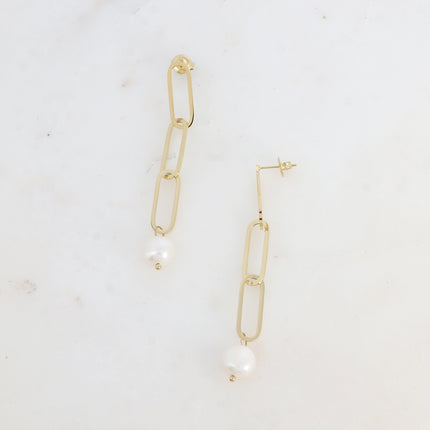 Boucles pendantes - 3 maillons ovales et perle d'eau douce